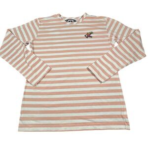 Flatbush Zombies Striped Long Sleeve T-Shirt Pink White Embroidered Bear Small